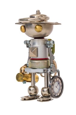 Steampunk robotu. Siber punk tarzı. Krom ve bronz parçalar. Beyazda izole edilmiş.