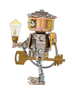 Steampunk robot ampul ve anahtar. Siber punk tarzı. Krom ve bronz parçalar. Beyazda izole edilmiş.