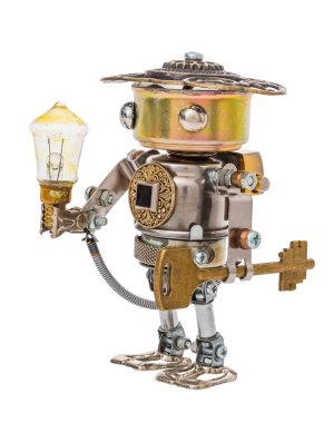 Steampunk robot ampul ve anahtar. Siber punk tarzı. Krom ve bronz parçalar. Beyazda izole edilmiş.
