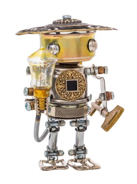 Steampunk robot ampul ve anahtar. Siber punk tarzı. Krom ve bronz parçalar. Beyazda izole edilmiş.