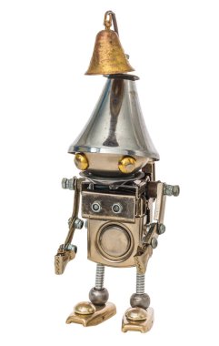 Steampunk robotu. Siber punk tarzı. Krom ve bronz parçalar. Beyazda izole edilmiş.