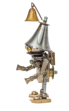 Steampunk robotu. Siber punk tarzı. Krom ve bronz parçalar. Beyazda izole edilmiş.