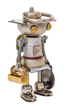 Steampunk robotu. Siber punk tarzı. Krom ve bronz parçalar. Beyazda izole edilmiş.