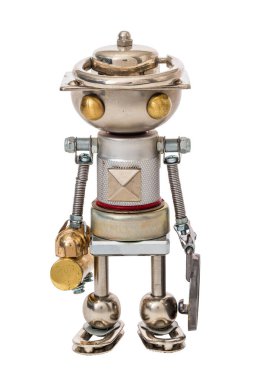 Steampunk robotu. Siber punk tarzı. Krom ve bronz parçalar. Beyazda izole edilmiş.