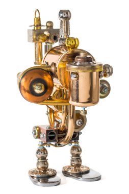 Steampunk robotu. Siber punk tarzı. Krom ve bronz parçalar. Beyazda izole edilmiş.