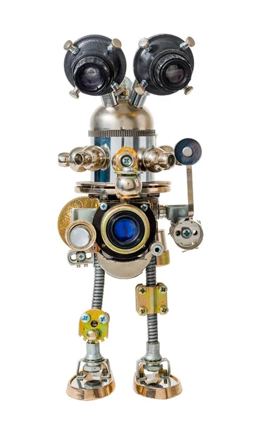 Robot Steampunk Estilo Cyberpunk Piezas Cromo Bronce Aislado Sobre Blanco — Foto de Stock