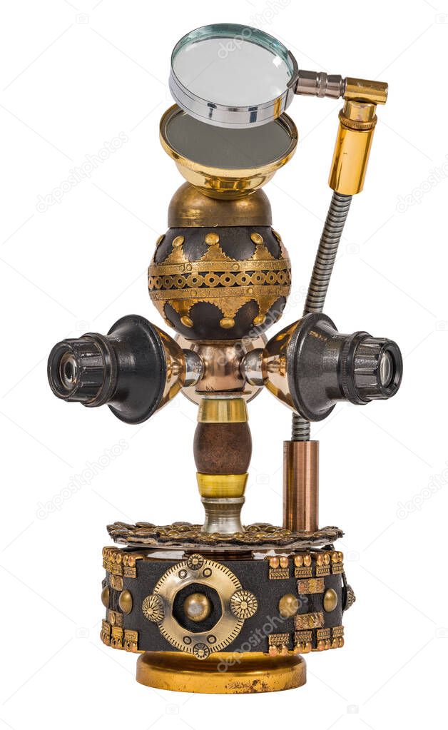 Steampunk device. Steel and bronze parts. Isolated on white background