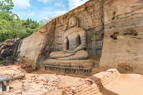 Starożytne Miasto Polonnaruwa Zdjęcie Siedzącego Buddy Medytacji Gal Vihara Rock Obraz Stockowy