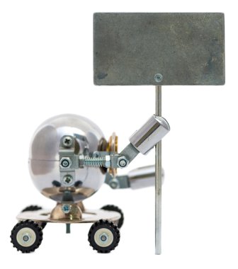 Steampunk robot metal işareti tutarak. Cyberpunk tarzı. Krom ve 