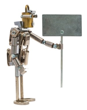 Steampunk robot metal işareti tutarak. Cyberpunk tarzı. Krom ve 