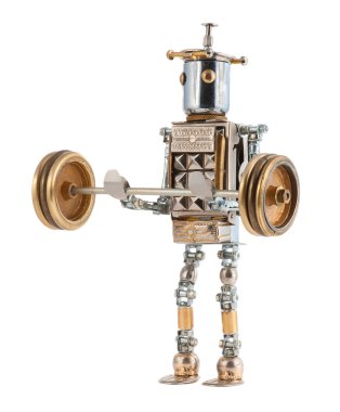 Steampunk robot ağır bir halter kaldırma.