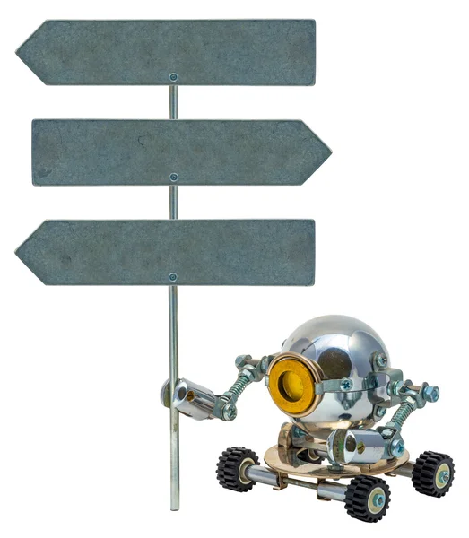 Steampunk robot holding metal sign. Cyberpunk style. Chrome and — Stock Photo, Image
