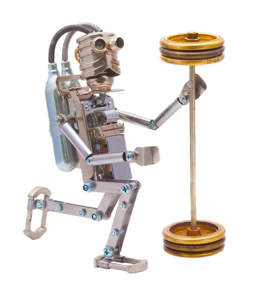 Steampunk-Roboter mit schwerer Langhantel. — Stockfoto