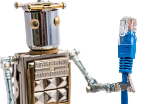 Steampunk-Roboter hält Lan-Kabel — Stockfoto