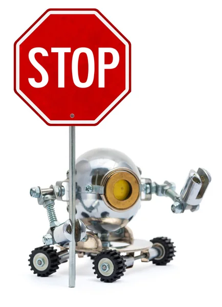 Robot sosteniendo signo de metal — Foto de Stock