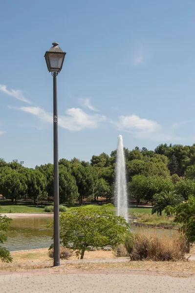 有湖泊和喷泉的公园里的灯柱 — 图库照片