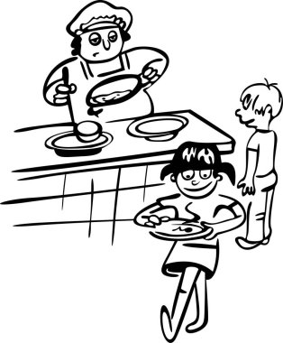 Aşçı okul kantinindeki çocuklara öğle yemeği servisi yapar. Öğrenciler gelir ve yemekleri alır.