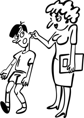 Okul koridorunda, öğretmen öğrenciyi kulağından çeker. Çocuk kabaydı.