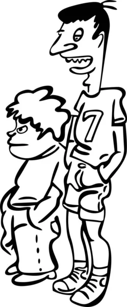 Baba ve oğul ayağa kalkın ve ellerini ceplerinde tutun. Okul takımının maçını izliyorlar.