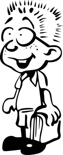 Gözlüklü bir öğrenci elinde bir kitapla ayakta duruyor.