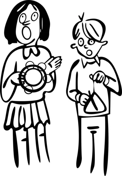 Sınıfta müzik dersi. Öğrenciler enstrüman, üçgen ve tef çalarlar.