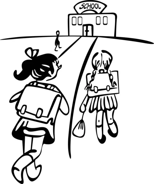 Kızlar okula sırtlarında okul çantalarıyla gidiyorlar. Önlerinde bir yol ve okul standı var.