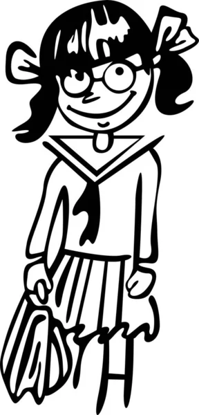 Kız okula hazır. Üniforması, okul çantası ve klas bir saçı var.