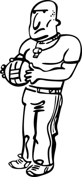 Jimnastik öğretmeni elinde bir top tutuyor. O büyük ve güçlü bir adam.