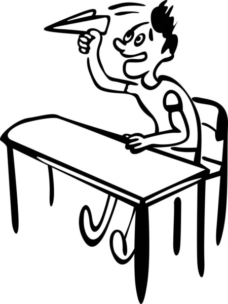 Sınıfta bir bankta oturan bir çocuk var. Sıkıldı ve kağıt uçak fırlattı.