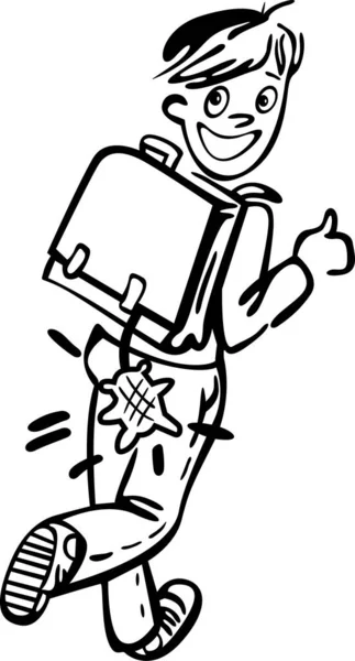 Çocuk okul çantasıyla koşuyor ve arkadaşı fırlatıyor. Neşeli ve neşeli.