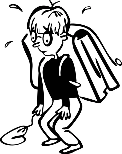 Çocuk sırtında çok ağır bir okul çantası taşıyor. Yorgun ve terli.