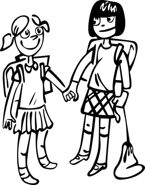 İki arkadaş el ele tutuşup okula beraber gidiyorlar. Sırtlarında okul çantası var ve gülümsüyorlar.