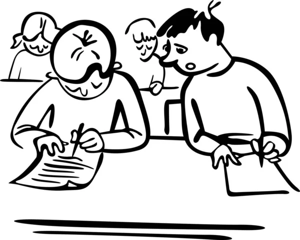 Sınıfta bir sınav var. Öğrenciler masalarında oturup yazıyorlar. Bir çocuk diğerini aldatıyor.