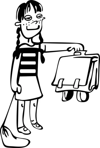 Kız elinde bir okul çantasıyla duruyor. Öte yandan, çanta okula gidiyor.