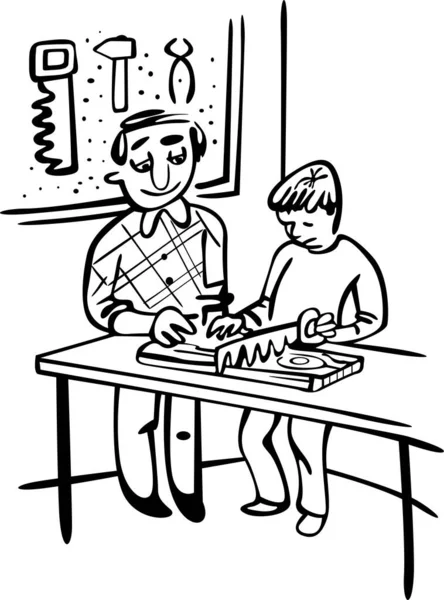 Sınıfta teknik sınıf var. Bir öğrenci masada oturuyor ve öğretmen onun yanında duruyor, odun kesiyor.