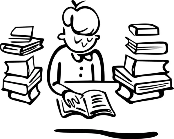 Çocuk okulda okuma odasında bir kitap okuyor. Çok çalışıyor, etrafında bir sürü kitap var.