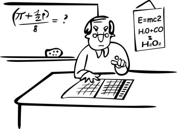 Profesör sınıfın masasının arkasında oturuyor. Kimya ve fizik dersleri veriyor. Arkasında fiziksel formüllerle dolu bir tahta var.