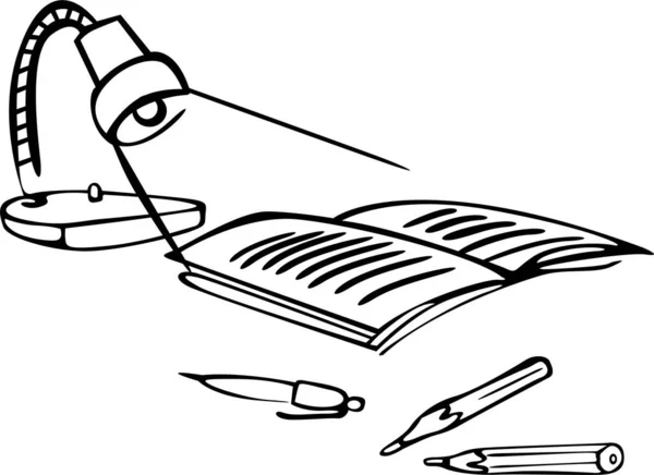 Masanın üzerinde bir lamba var ve o da yanıyor. Defterin yanına serpilmiş, etrafa dağılmış kalem ve kalemler.