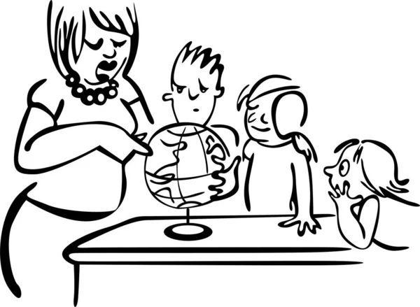 Sınıfta coğrafya dersi var. Öğretmen ve öğrenciler masada duruyorlar ve dünyada bir şeyler izliyorlar.