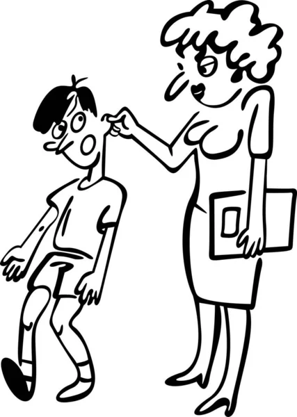 Okul koridorunda, öğretmen öğrenciyi kulağından çeker. Çocuk kabaydı.