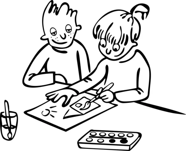 Okulda, bir resim dersi sırasında, bir kız ve bir erkek birlikte resim çizerler. Öğrenciler sınıftaki masada otururlar.