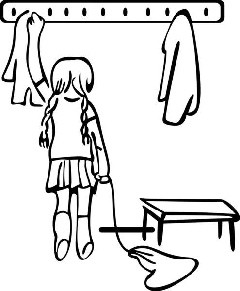 Elbise askıları olan bir vestiyer. Kız askının önünde duruyor ve elinde ayakkabıları için kötü bir şey tutuyor.