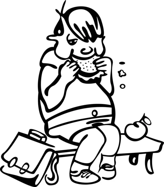 Okul koridorunda bir öğrenci bankta oturuyor. Yanında bir sırt çantası vardı ve bir sandviç yiyordu. O aç ve obez.