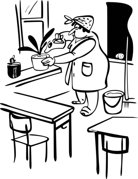 Bankları, penceresi ve tahtası olan bir sınıf. Ovalayıcı çiçekleri temizleyip suluyor.