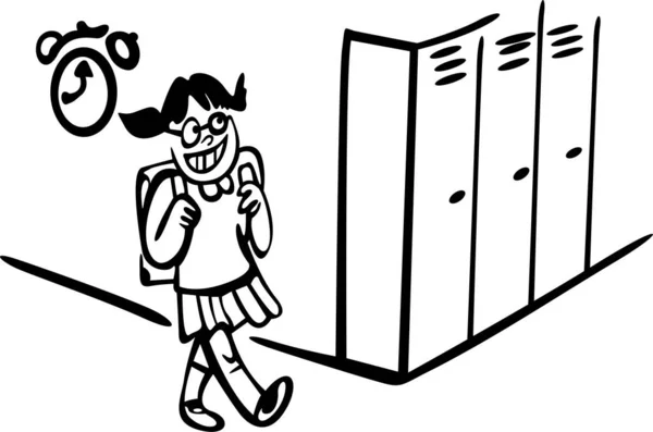 Kız okul çantasıyla okul koridorunda yürüyor. Duvarda bir saat ve yanında da okul dolapları var.