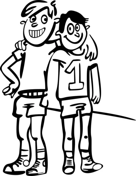 İki çocuk birbirlerinin kollarını tutuyor. Spor kıyafetleri giyiyorlar çünkü onlar sporcu ve arkadaşlar.