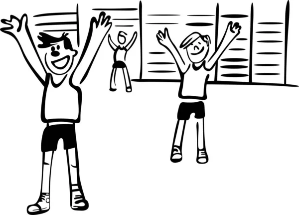 Öğrenciler spor salonunda egzersiz yapıyor. Jimnastik dersi devam ediyor. Duvarda merdivenler var.