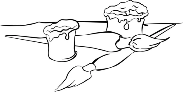 Resim stüdyosunun masasında iki boya fırçası var. Yanında boya kapları var..