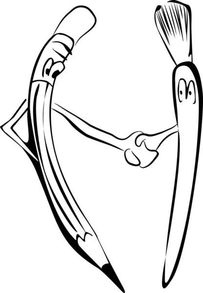 Elleri ve yüzleri el ele tutuşan neşeli çizgi film fırçası ve kalem