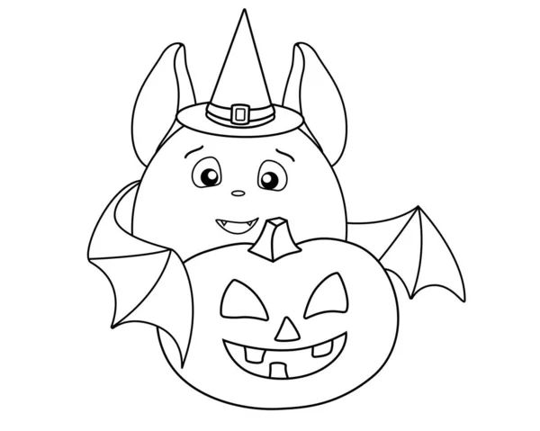 Morcego Gordo Bonito Chapéu Mágico Carrega Uma Abóbora Halloween Uma — Vetor de Stock